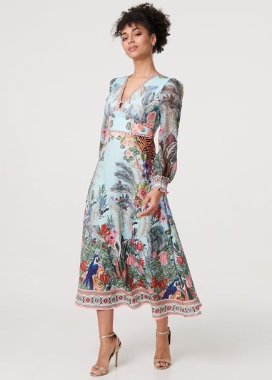 Izabel London Green Tropical Print Empire Waist Midi Dress