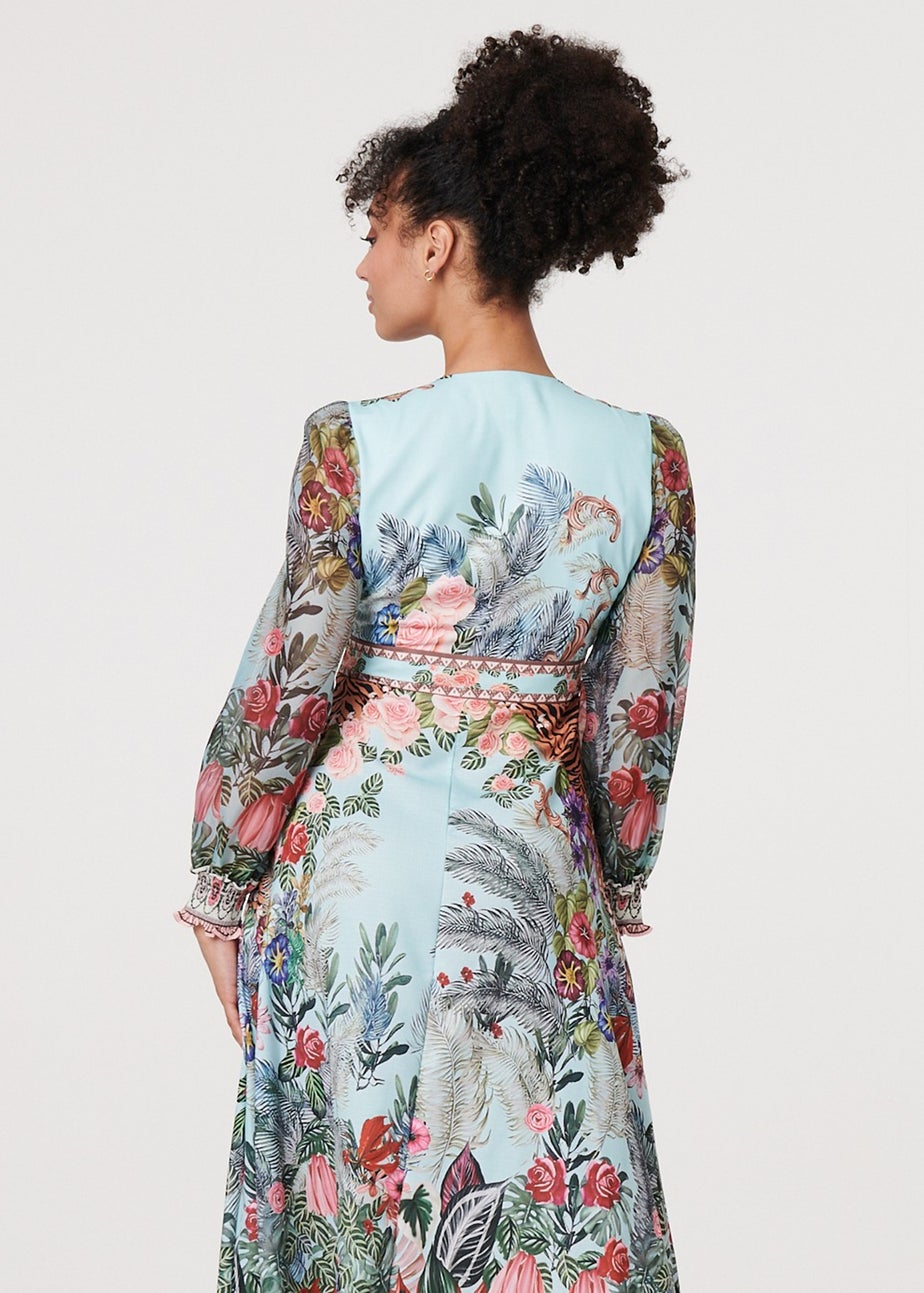 Izabel London Green Tropical Print Empire Waist Midi Dress