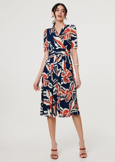 Izabel London Navy Floral V-Neck Pleated Midi Wrap Dress