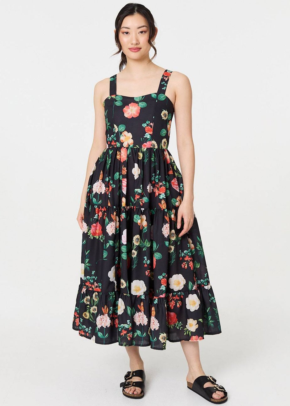 Izabel London Black Floral Sleeveless Skater Midi Dress