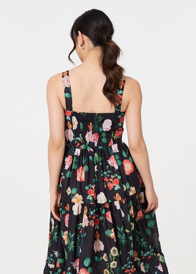 Izabel London Black Floral Sleeveless Skater Midi Dress