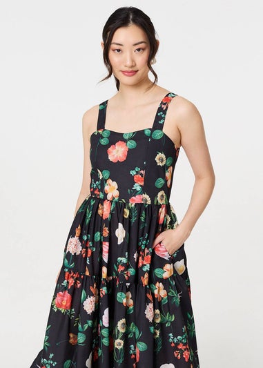 Izabel London Black Floral Sleeveless Skater Midi Dress