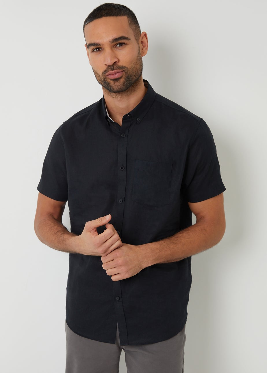 Threadbare Black Cotton Linen Blend Short Sleeve Shirt