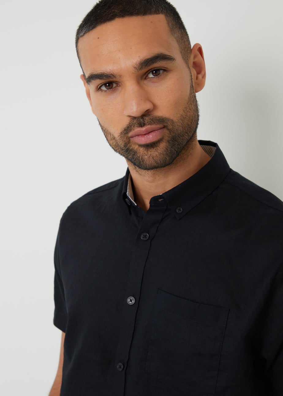 Threadbare Black Cotton Linen Blend Short Sleeve Shirt