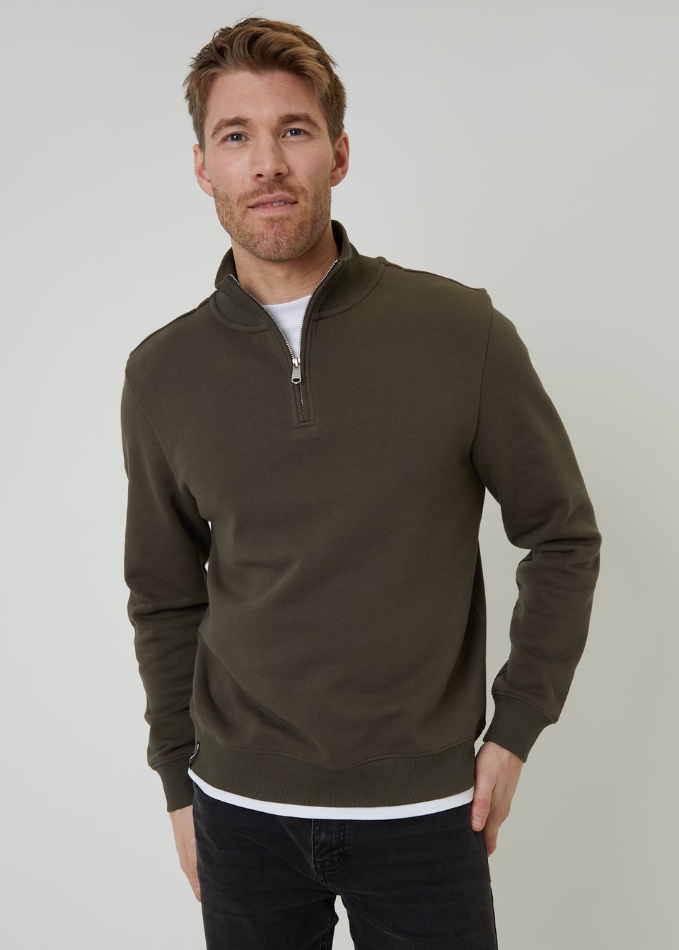 Threadbare Khaki Mock T-Shirt Quarter Zip Sweatshirt