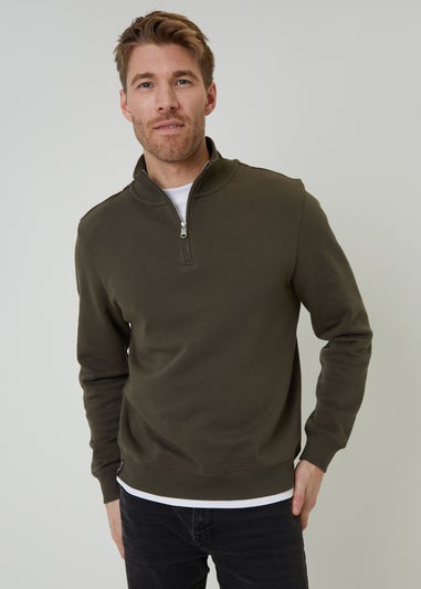 Threadbare Khaki Mock T-Shirt Quarter Zip Sweatshirt