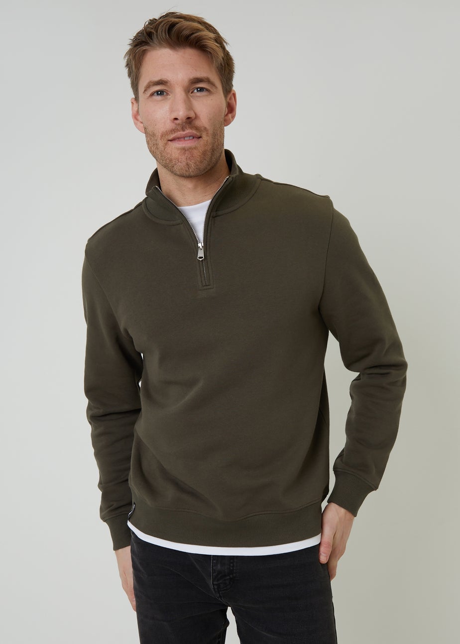 Threadbare Khaki Mock T-Shirt Quarter Zip Sweatshirt