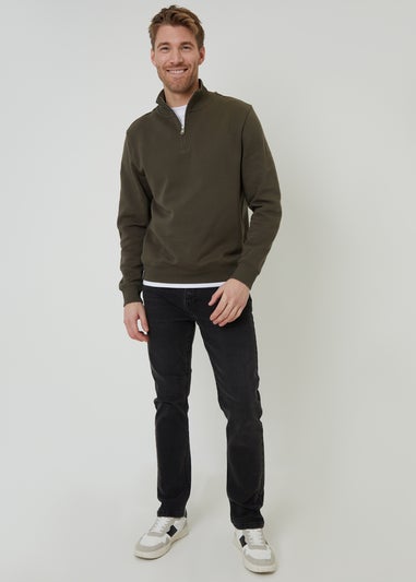 Threadbare Khaki Mock T-Shirt Quarter Zip Sweatshirt