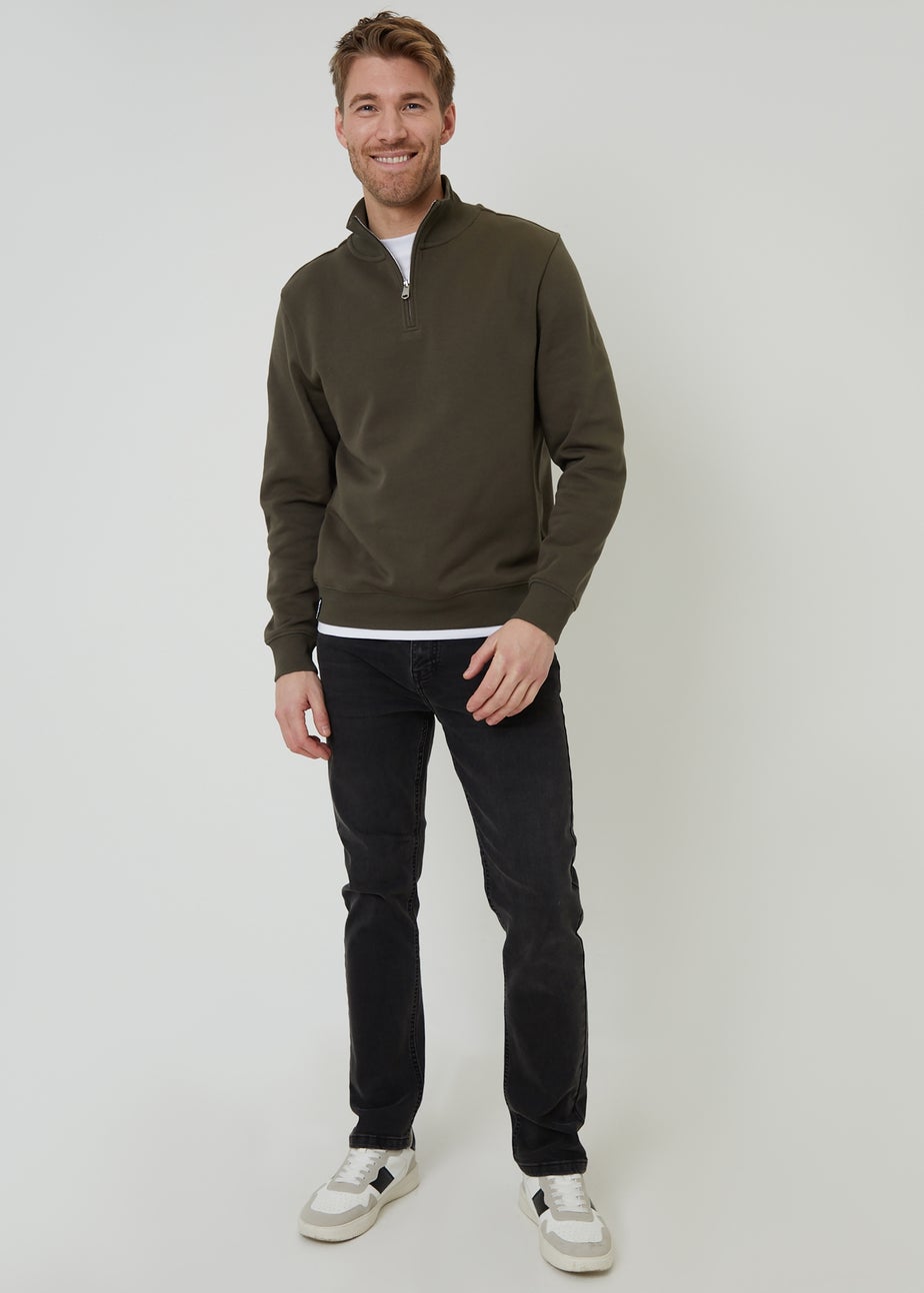 Threadbare Khaki Mock T-Shirt Quarter Zip Sweatshirt