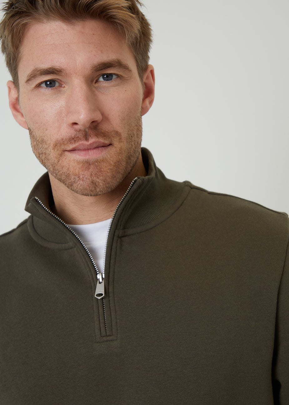 Threadbare Khaki Mock T-Shirt Quarter Zip Sweatshirt