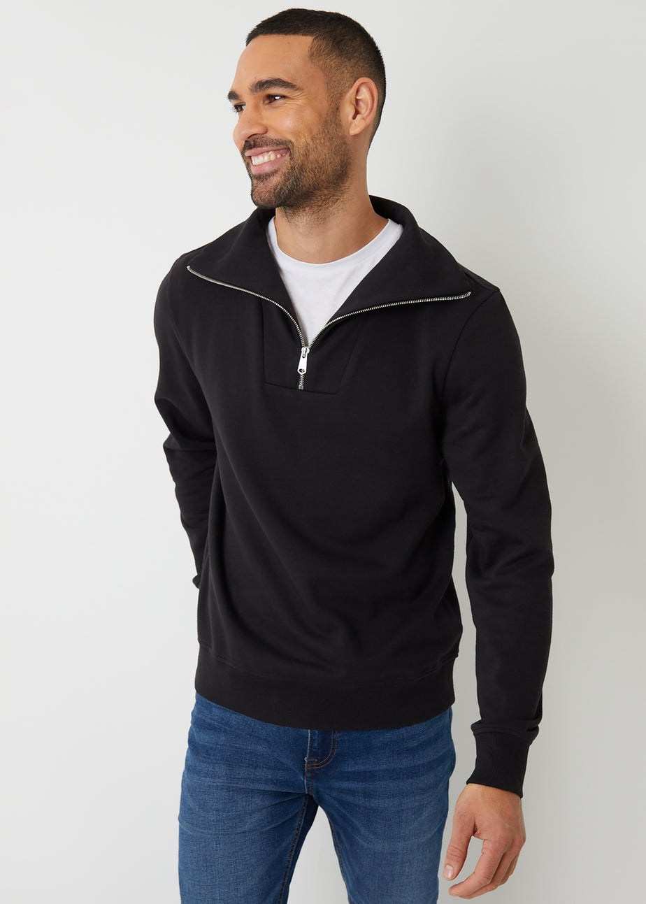 Threadbare Black Quarter Zip Funnel Neck Sweatshirt