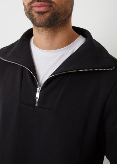 Threadbare Black Quarter Zip Funnel Neck Sweatshirt