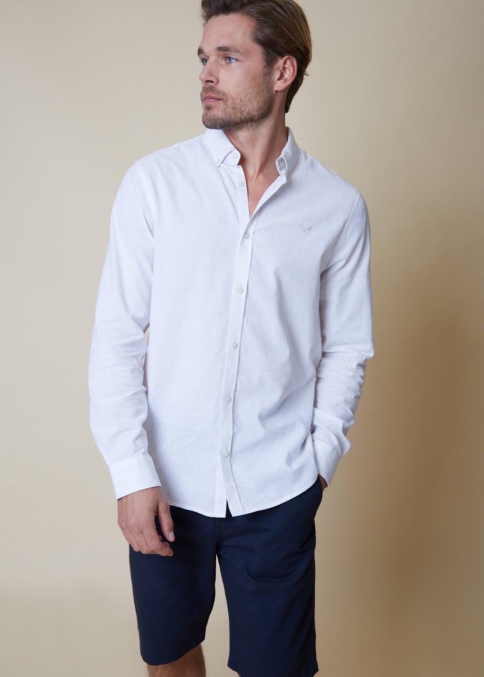 Threadbare White Slim Fit Linen Blend Long Sleeve Shirt