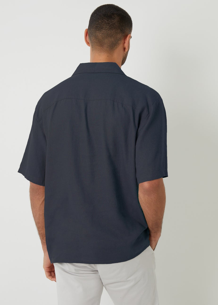Threadbare Navy Kylian Linen Blend Revere Collar Short Sleeve Shirt
