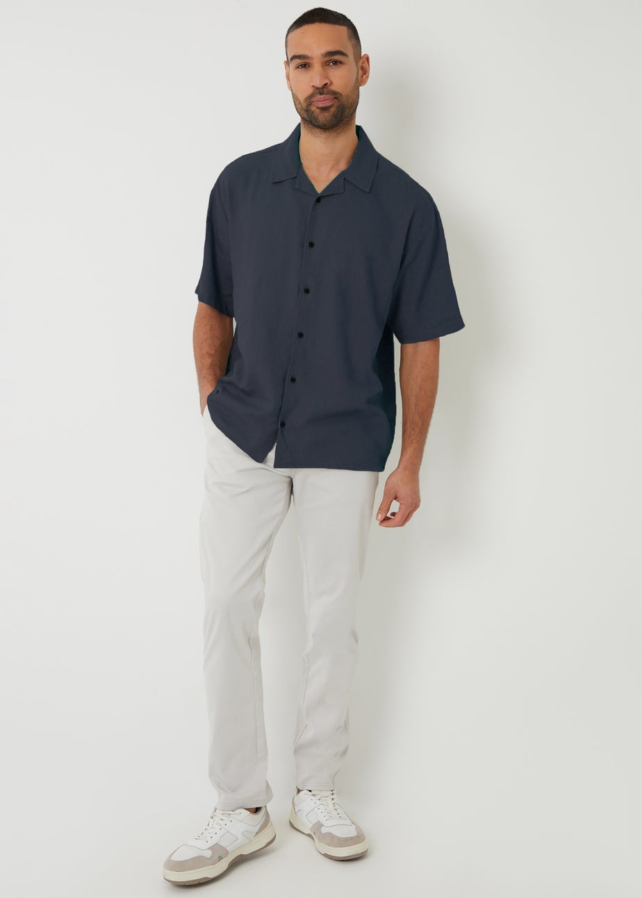Threadbare Navy Kylian Linen Blend Revere Collar Short Sleeve Shirt