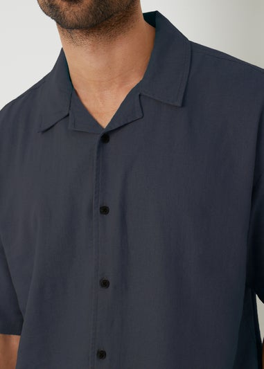 Threadbare Navy Kylian Linen Blend Revere Collar Short Sleeve Shirt