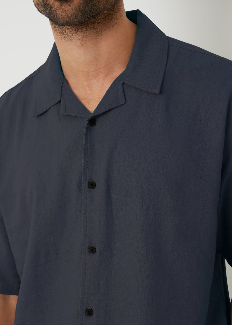 Threadbare Navy Kylian Linen Blend Revere Collar Short Sleeve Shirt