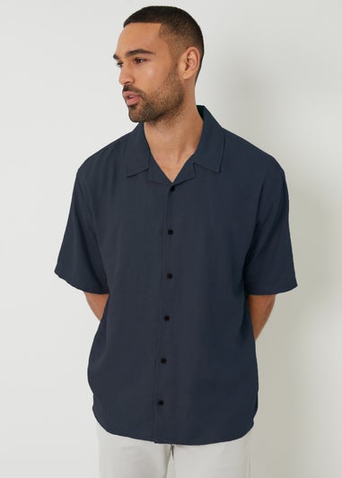 Threadbare Navy Kylian Linen Blend Revere Collar Short Sleeve Shirt