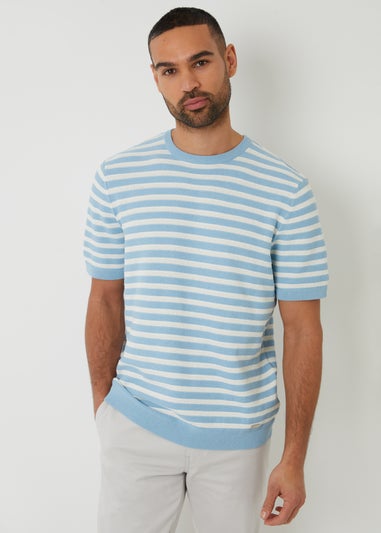 Threadbare Pale Blue Striped Textured Knitted T-Shirt