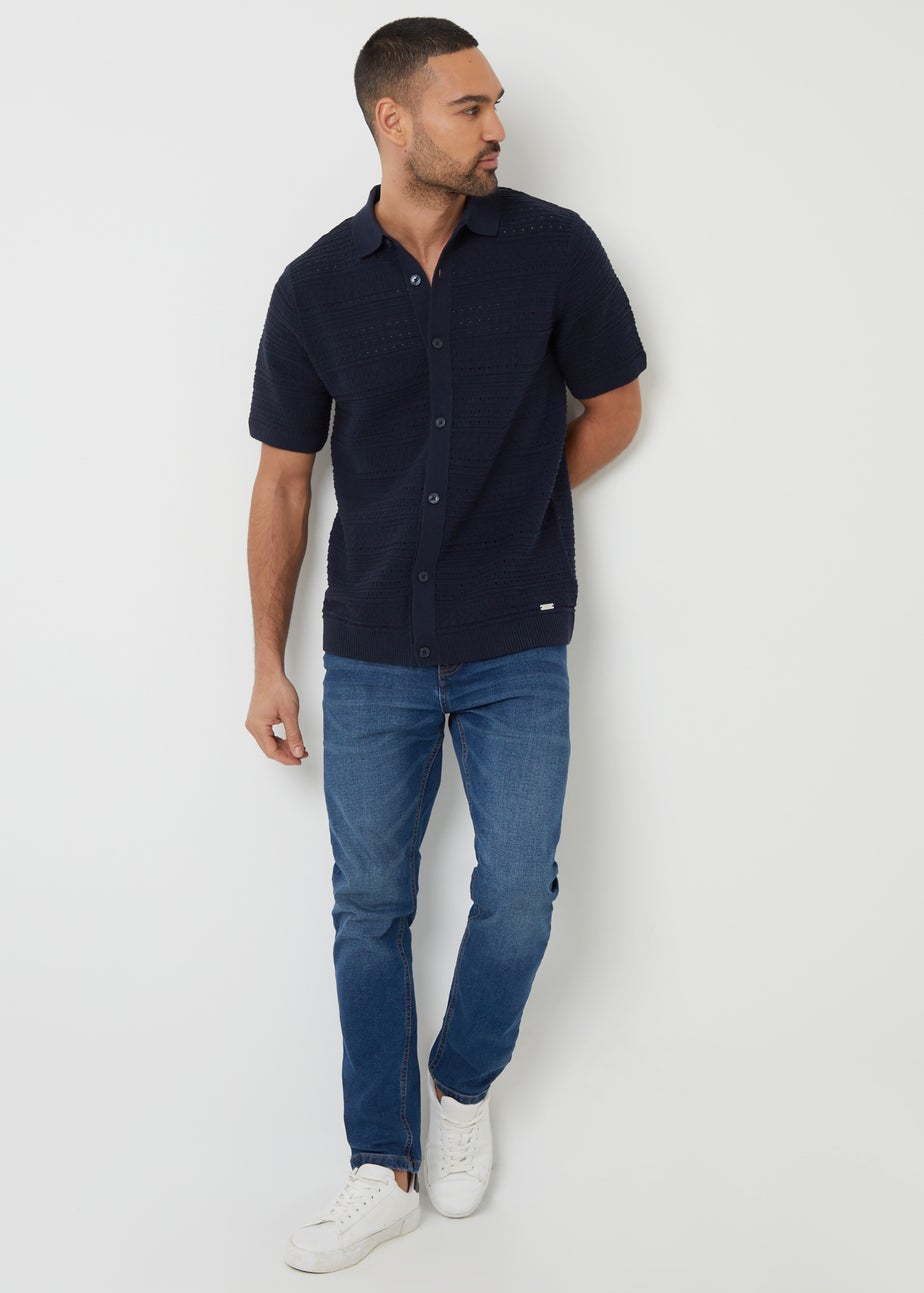 Threadbare Navy Textured Button Through Knitted Shirt