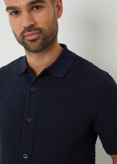 Threadbare Navy Textured Button Through Knitted Shirt