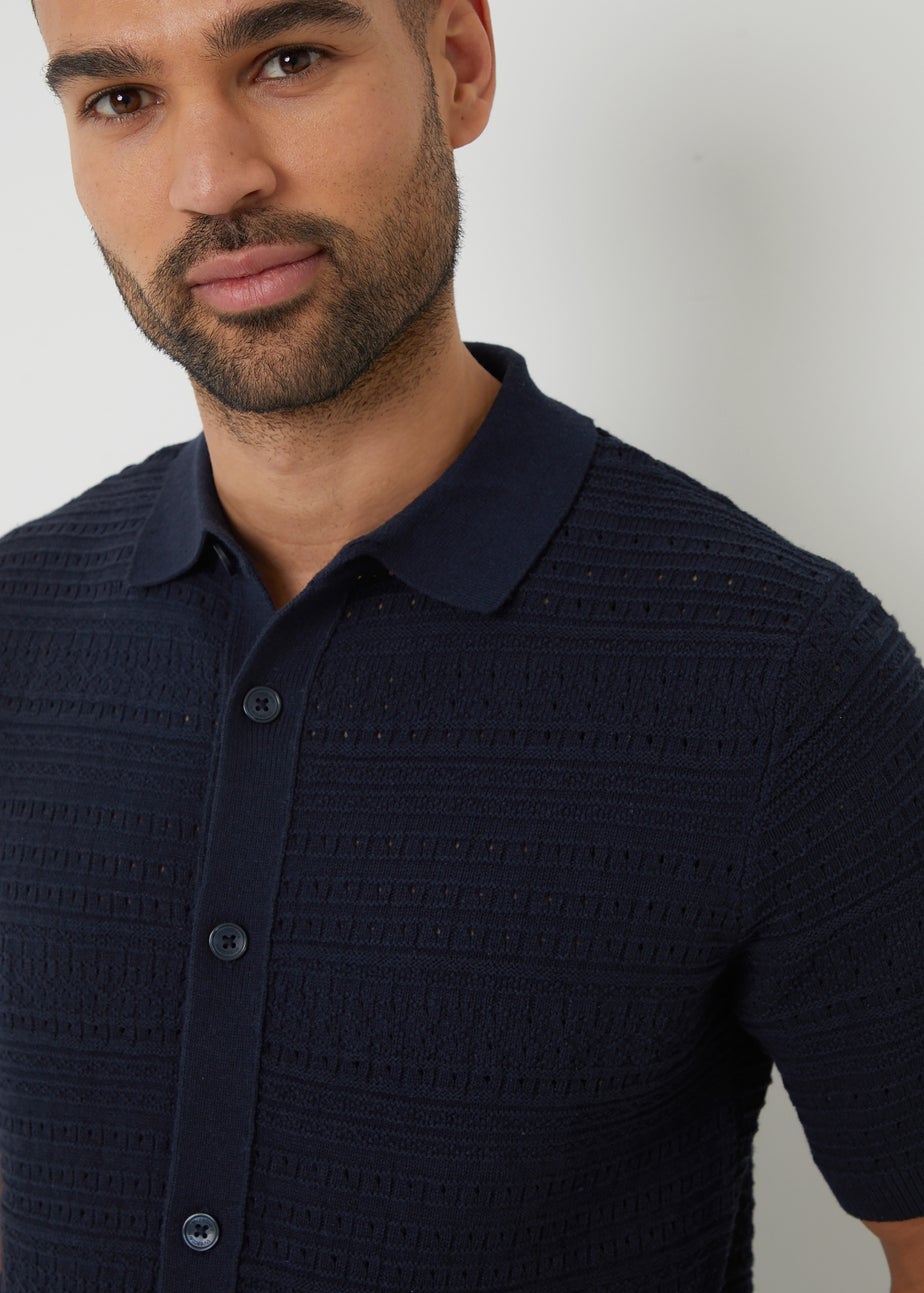 Threadbare Navy Textured Button Through Knitted Shirt