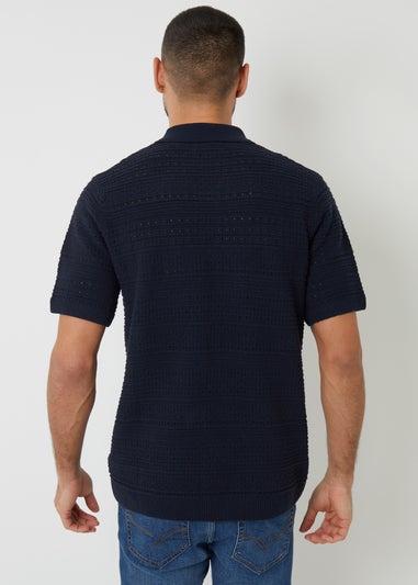 Threadbare Navy Textured Button Through Knitted Shirt