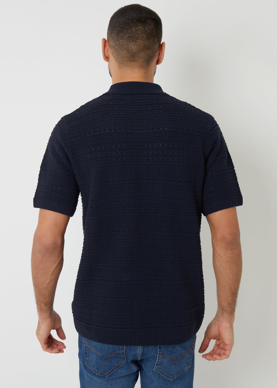 Threadbare Navy Textured Button Through Knitted Shirt