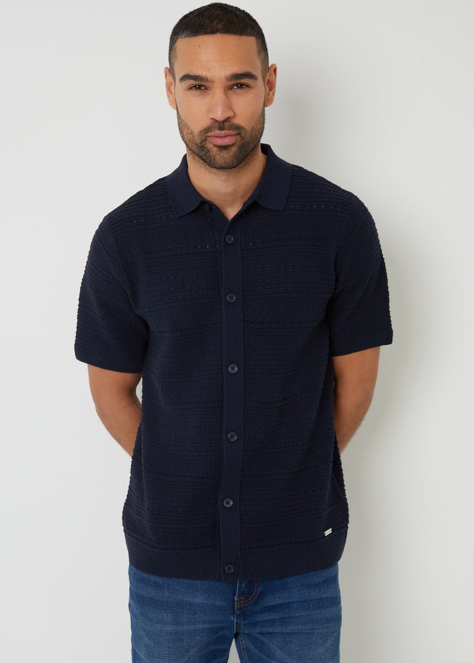 Threadbare Navy Textured Button Through Knitted Shirt