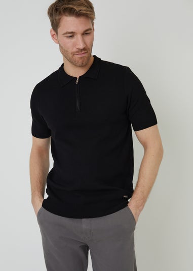 Threadbare Black Quarter Zip Textured Trim Knitted Polo