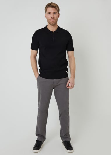 Threadbare Black Quarter Zip Textured Trim Knitted Polo