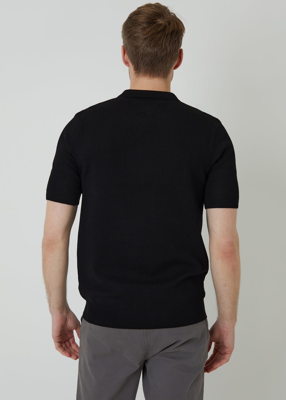 Threadbare Black Quarter Zip Textured Trim Knitted Polo