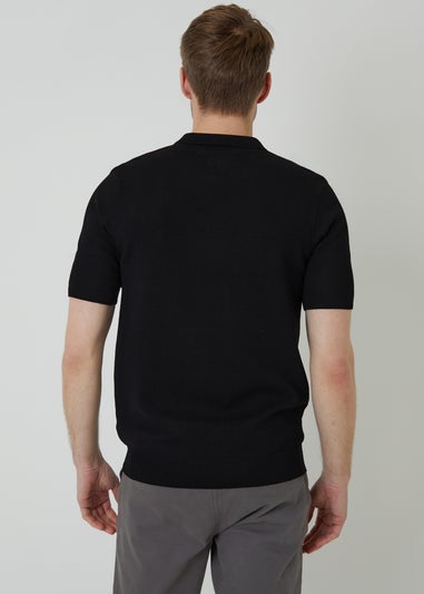 Threadbare Black Quarter Zip Textured Trim Knitted Polo
