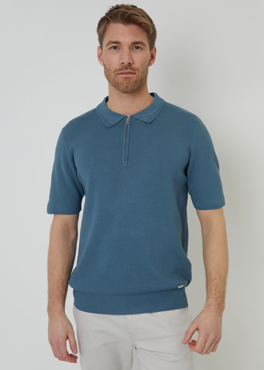 Threadbare Blue Quarter Zip Textured Trim Knitted Polo