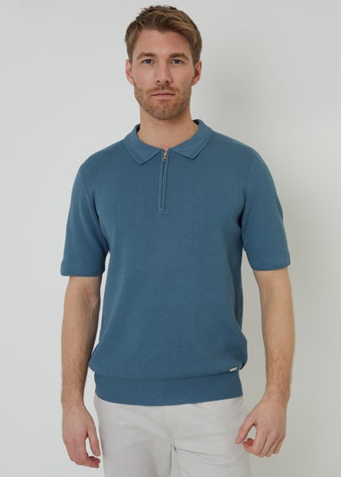 Threadbare Blue Quarter Zip Textured Trim Knitted Polo
