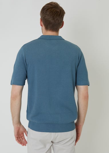 Threadbare Blue Quarter Zip Textured Trim Knitted Polo