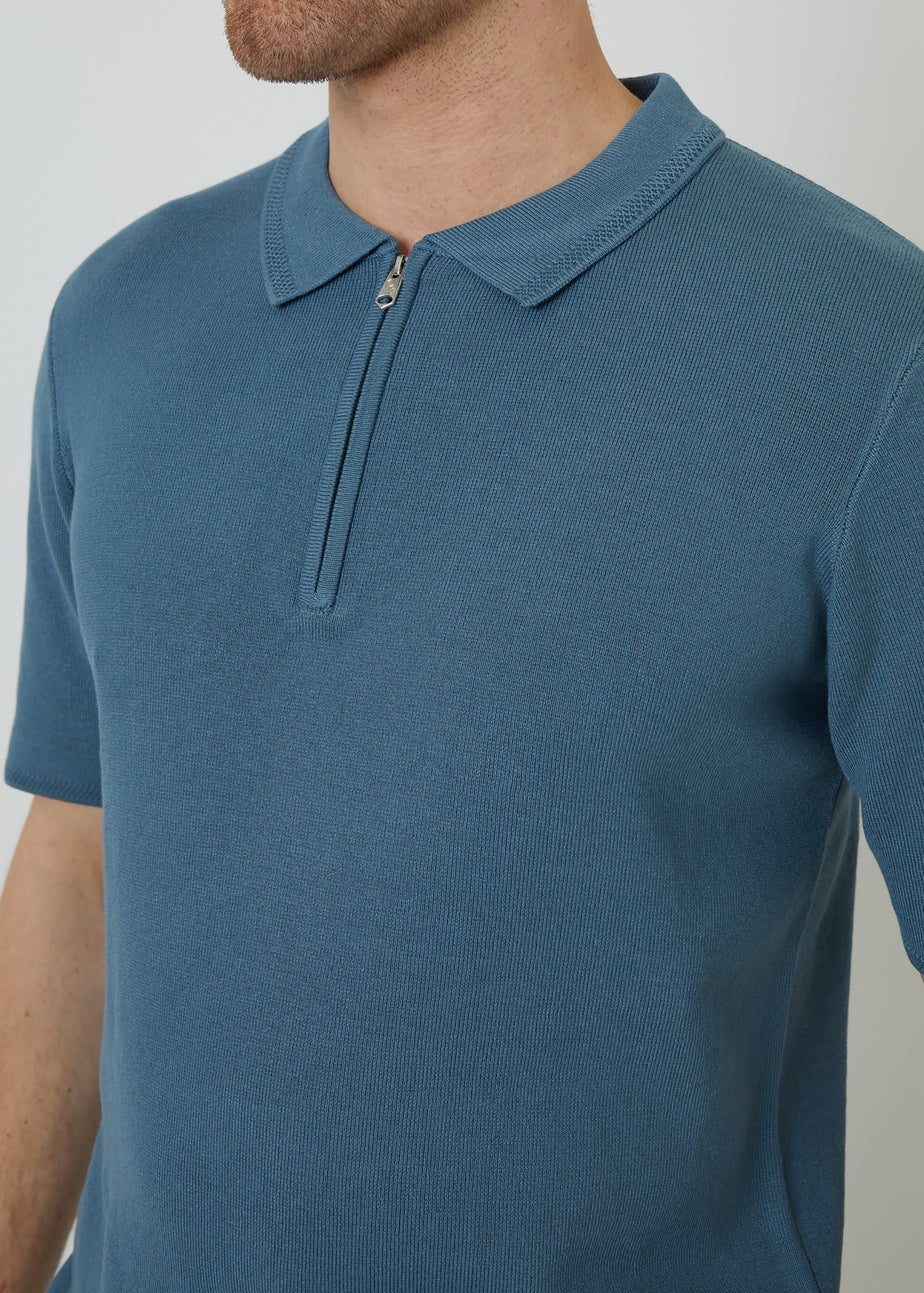 Threadbare Blue Quarter Zip Textured Trim Knitted Polo