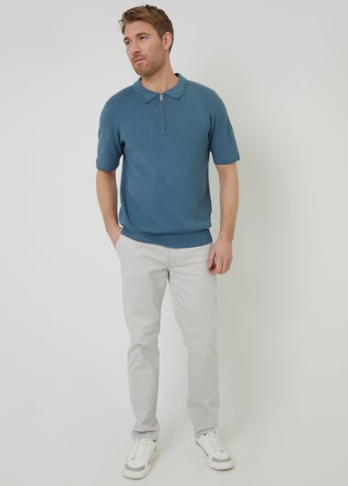 Threadbare Blue Quarter Zip Textured Trim Knitted Polo