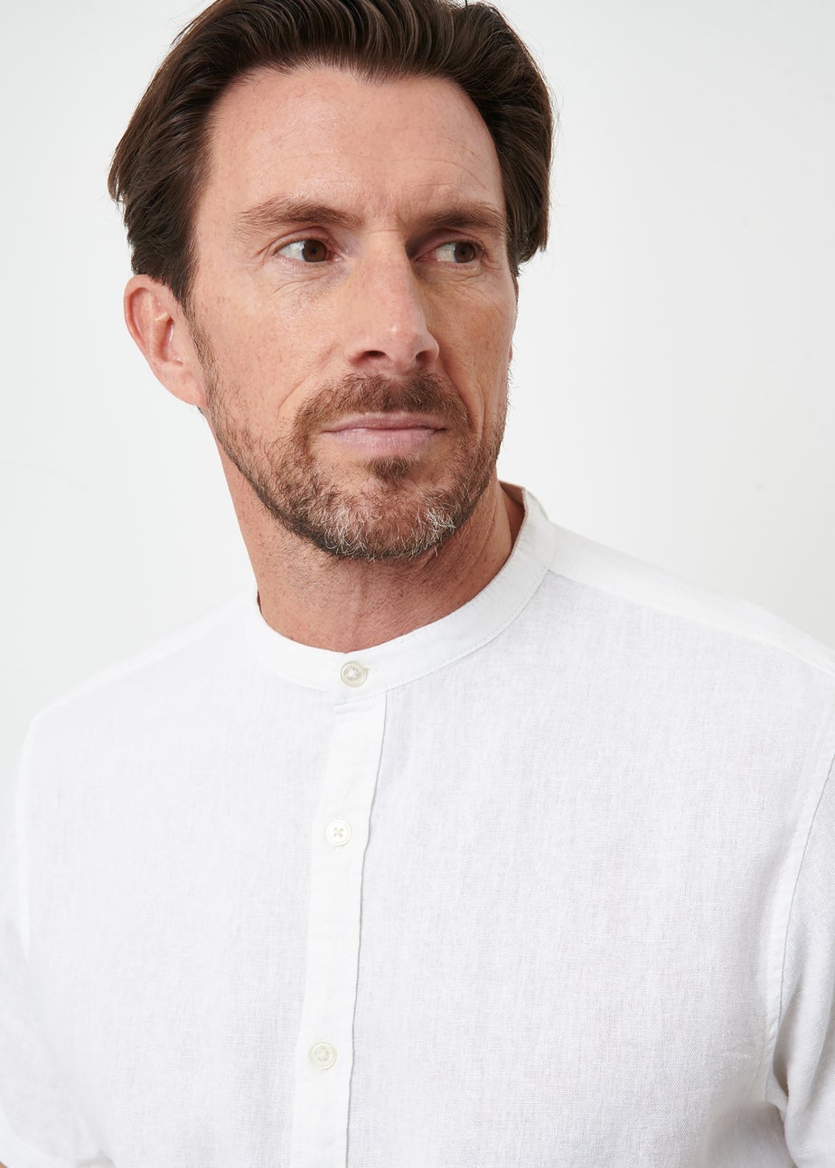 Threadbare White Grandad Collar Linen Blend Short Sleeve Shirt