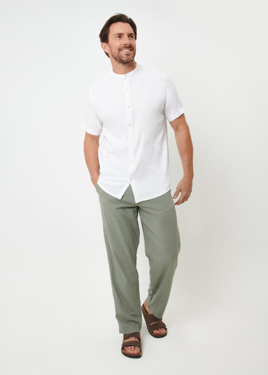 Threadbare White Grandad Collar Linen Blend Short Sleeve Shirt