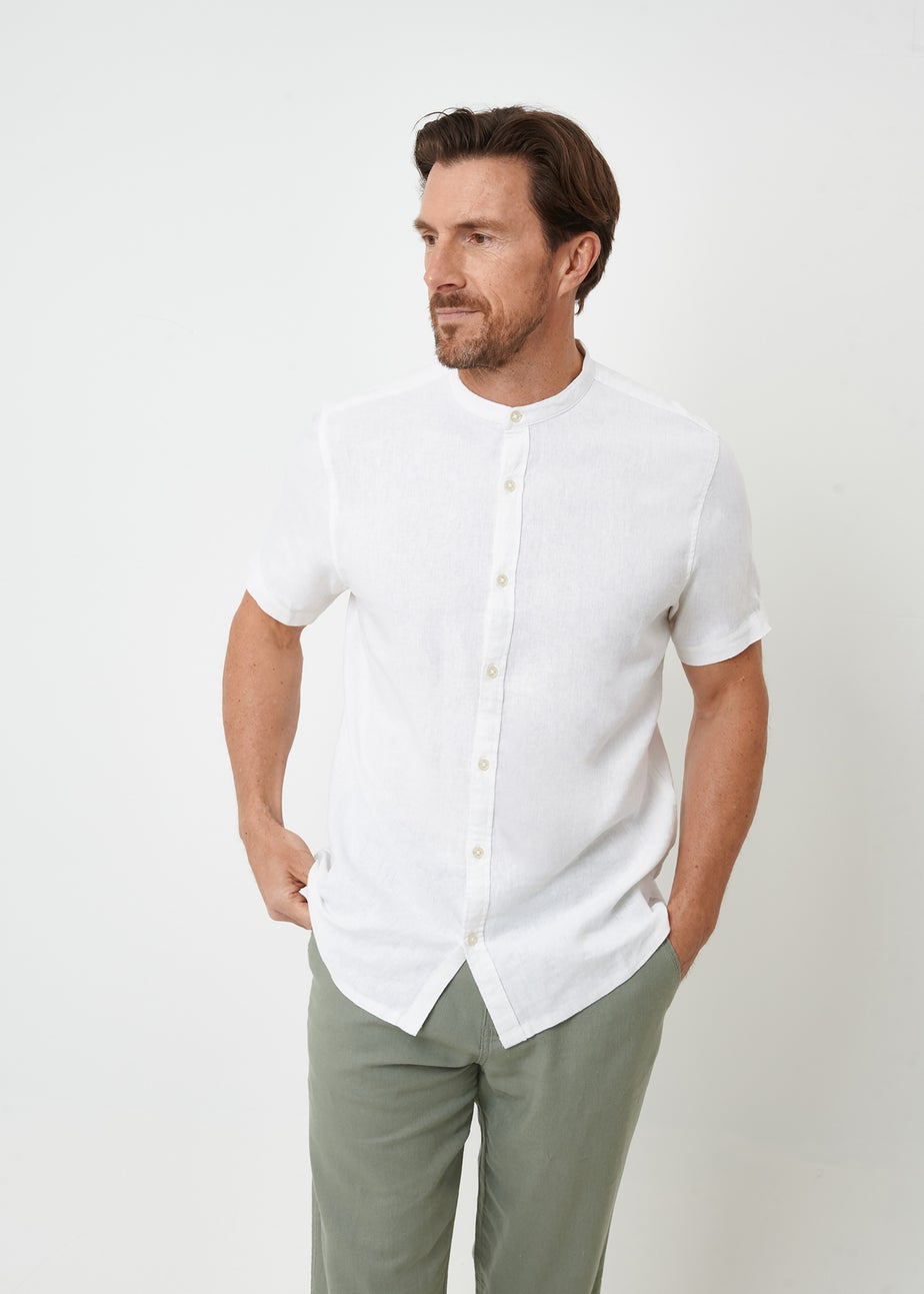 Threadbare White Grandad Collar Linen Blend Short Sleeve Shirt
