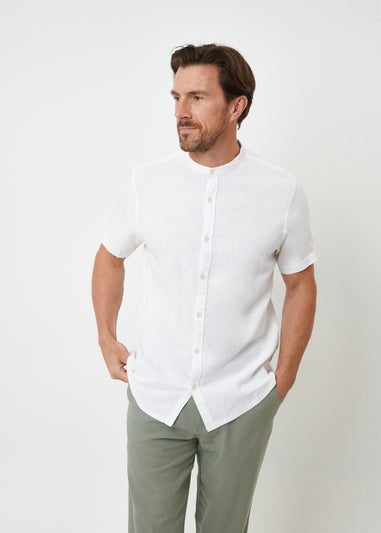 Threadbare White Grandad Collar Linen Blend Short Sleeve Shirt