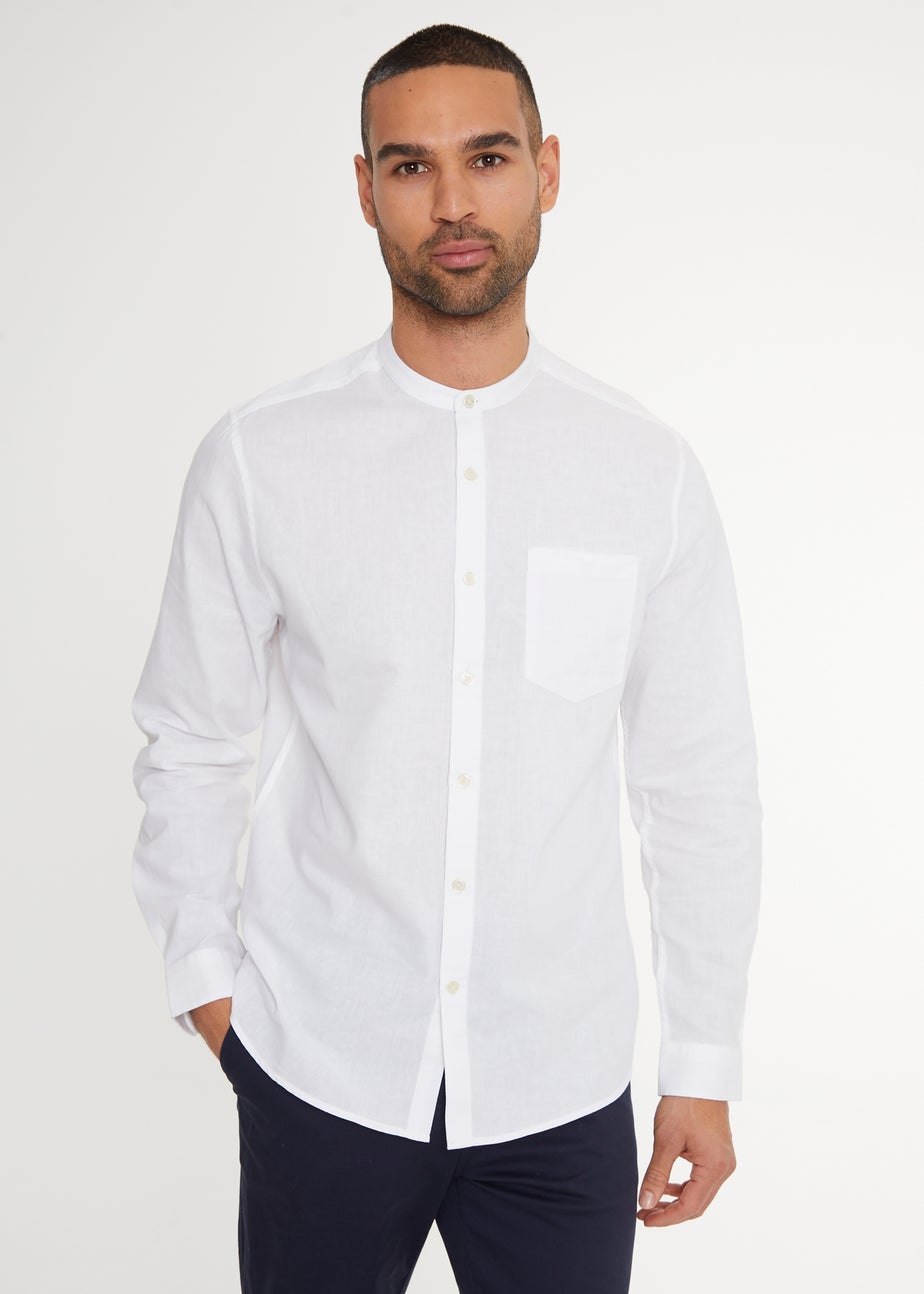 Threadbare White Linen Blend Long Sleeve Grandad Collar Shirt