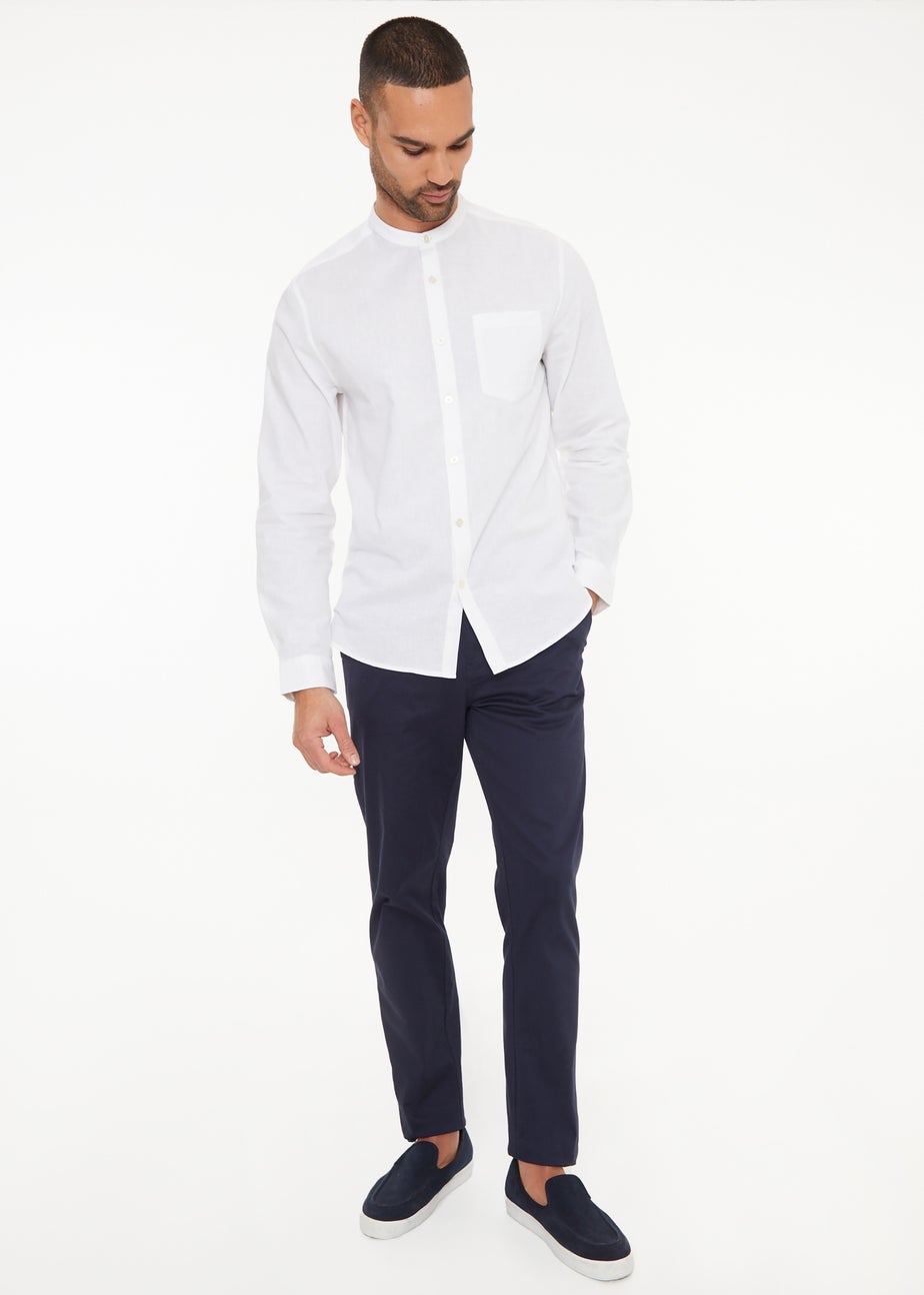 Threadbare White Linen Blend Long Sleeve Grandad Collar Shirt