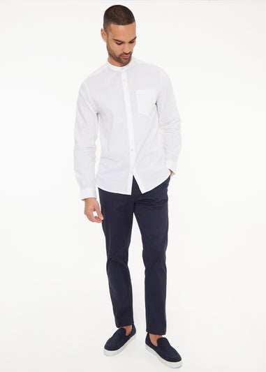 Threadbare White Linen Blend Long Sleeve Grandad Collar Shirt