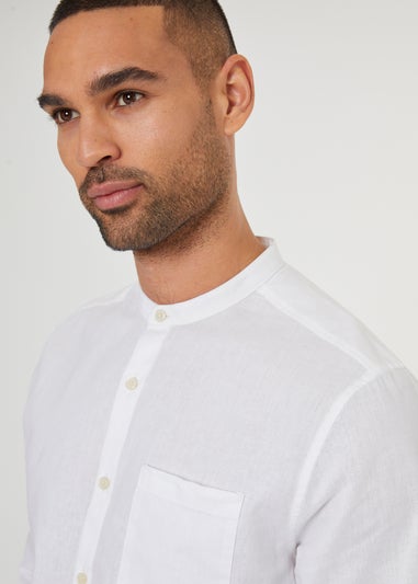 Threadbare White Linen Blend Long Sleeve Grandad Collar Shirt