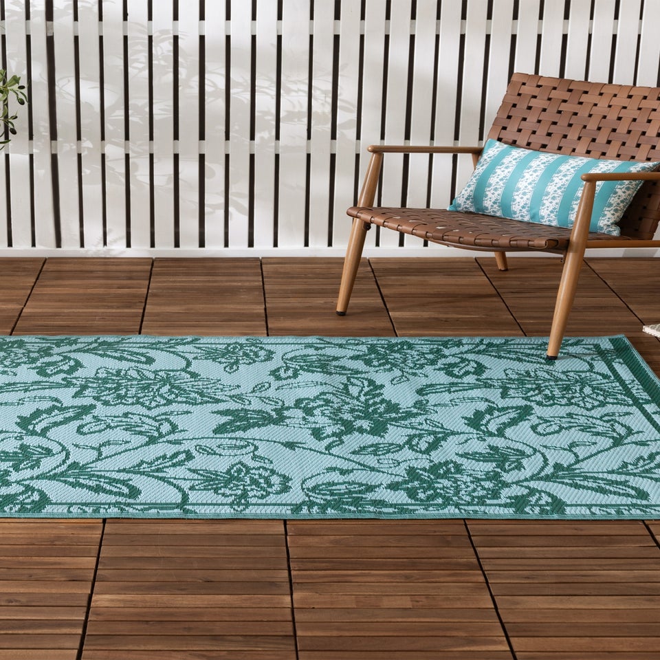 furn. Teal Anemone Woven Jacquard Outdoor Rug