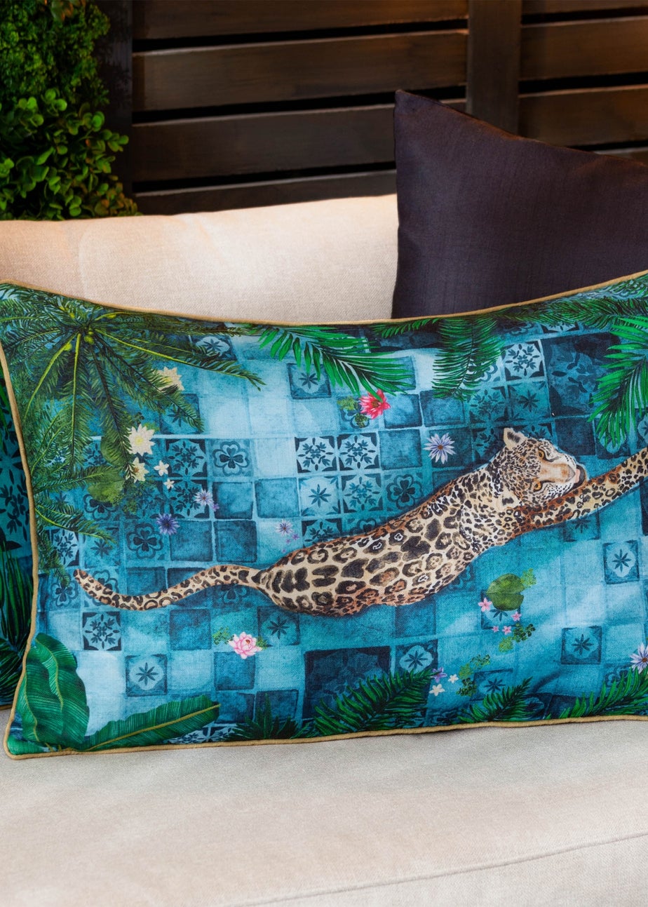 Paoletti Dark Blue Majorelle Leopard Outdoor Piped Outdoor Cushion