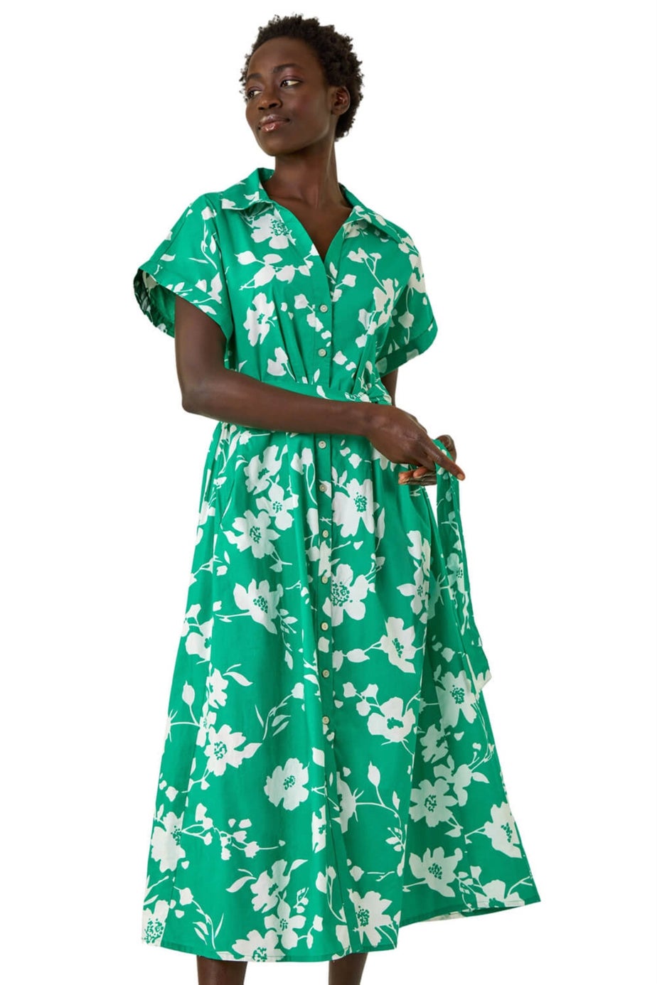 Roman Green Floral Cotton Poplin Shirt Dress