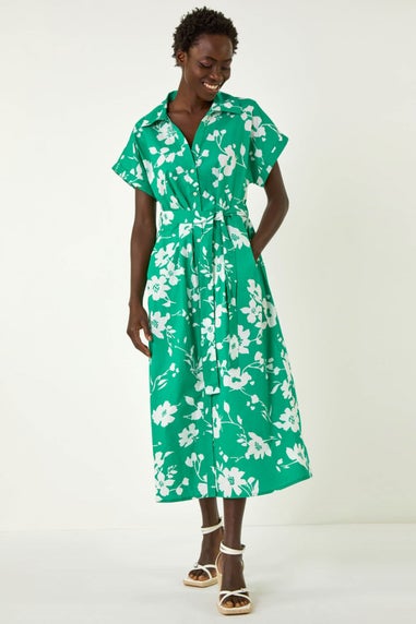 Roman Green Floral Cotton Poplin Shirt Dress